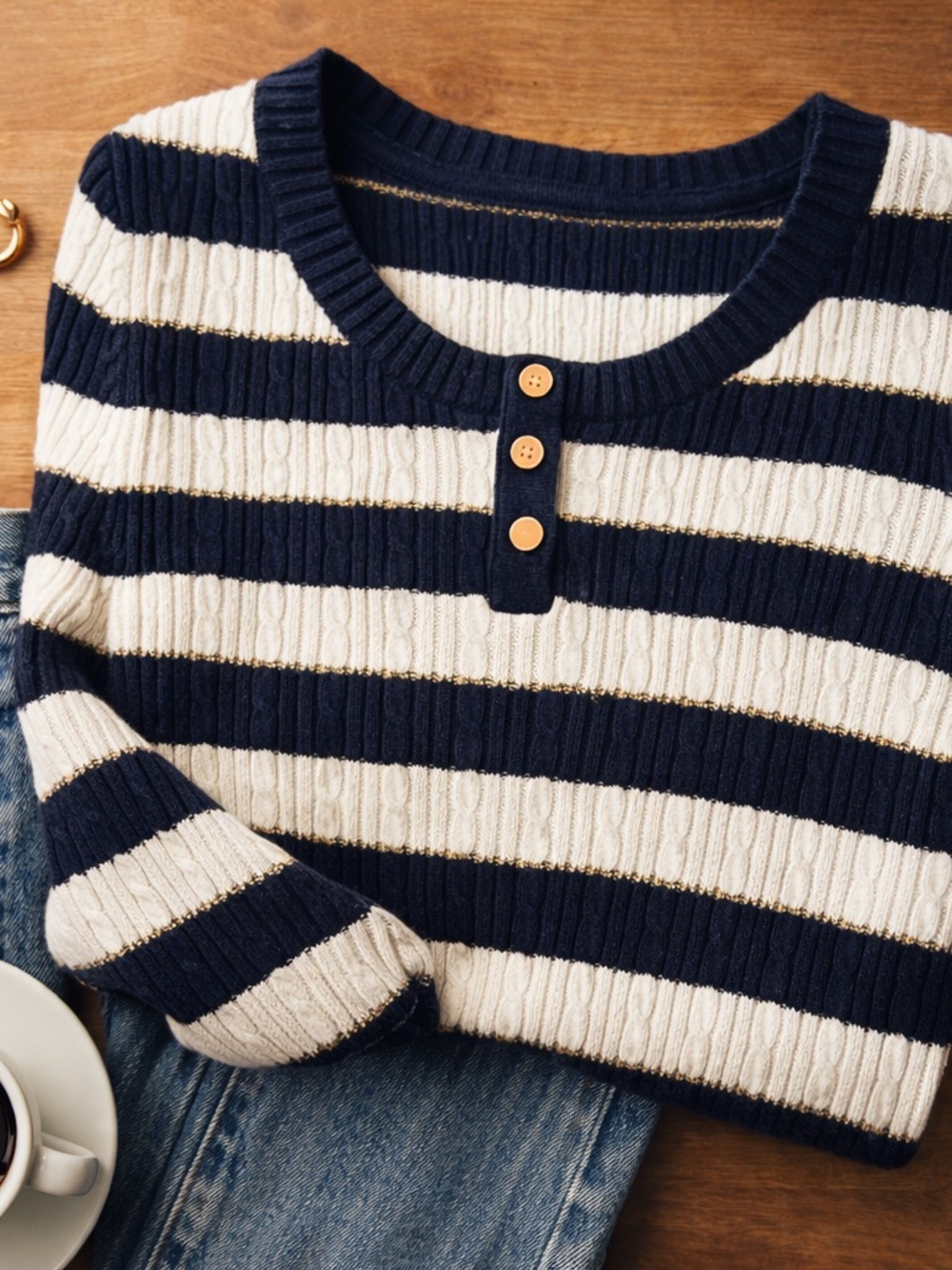 Tommy Hilfiger Breton Stripe Ribbed Henley Sweater Navy white Gold Thread